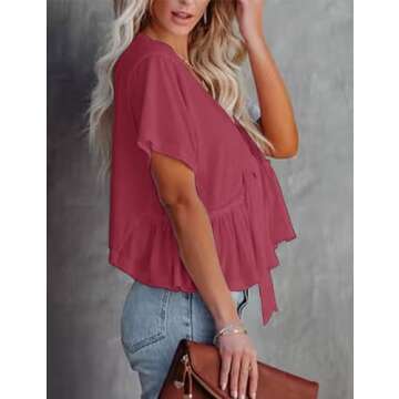 Fanway&EC Women's Short Sleeve V Neck Blouses Ruffle Hem Tie Front Crop Tops Lightweight Basic Summer Tops (Peach,X-Large,X-Large,US,Alpha,Adult,Female,Regular,Regular)