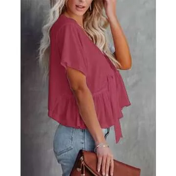 Fanway&EC Women's Short Sleeve V Neck Blouses Ruffle Hem Tie Front Crop Tops Lightweight Basic Summer Tops (Peach,X-Large,X-Large,US,Alpha,Adult,Female,Regular,Regular)