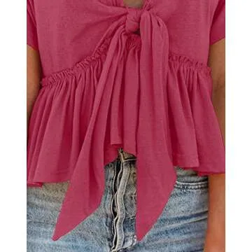 Fanway&EC Women's Short Sleeve V Neck Blouses Ruffle Hem Tie Front Crop Tops Lightweight Basic Summer Tops (Peach,X-Large,X-Large,US,Alpha,Adult,Female,Regular,Regular)