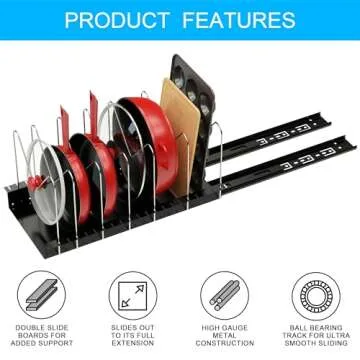 Pull Out Pots and Pans Organizer for Cabinet - Sliding Lid Holder and Pan Rack in Kitchen, Cabinet Pull Out Shelves, Slide Out Cabinet Organizer, Pot Lid, Bakeware and Pan Organizer, 16.5"Dx8"Wx7.5"H