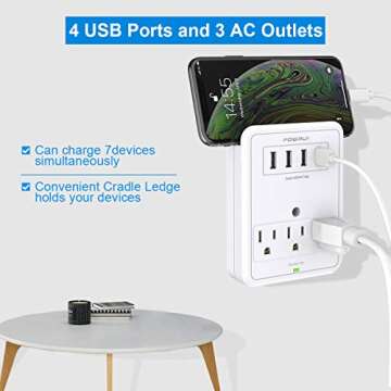USB Wall Charger, Surge Protector, POWRUI 3 Outlet Wall Mount Adapter with 4 USB Ports Charging Station (30W) Compatible iPhone Xs/XS Max/XR/X/8/7/6/Plus, Pro/Air 2/Mini 3/Mini 4, Samsung S4/S5, 6A