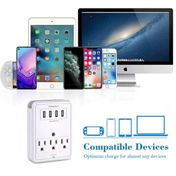 USB Wall Charger, Surge Protector, POWRUI 3 Outlet Wall Mount Adapter with 4 USB Ports Charging Station (30W) Compatible iPhone Xs/XS Max/XR/X/8/7/6/Plus, Pro/Air 2/Mini 3/Mini 4, Samsung S4/S5, 6A