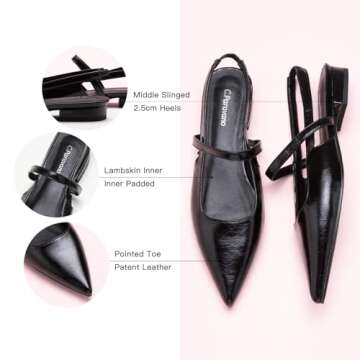 C.Paravano Women's Slingback Flats | Pointed Toe Flats Sandals | Ankle Strap Slingback Shoes | Comfort Leather Slip on Shoes | Casual Dress Shoes (Size 9.5, Black)