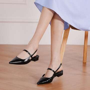 C.Paravano Women's Slingback Flats | Pointed Toe Flats Sandals | Ankle Strap Slingback Shoes | Comfort Leather Slip on Shoes | Casual Dress Shoes (Size 9.5, Black)