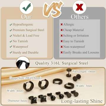 Jstyle 6 Pairs Stainless Steel CZ Stud Earrings for Men Women Black Earrings Huggie Small Hoop Earrings Ear Piercing Jewelry for Men