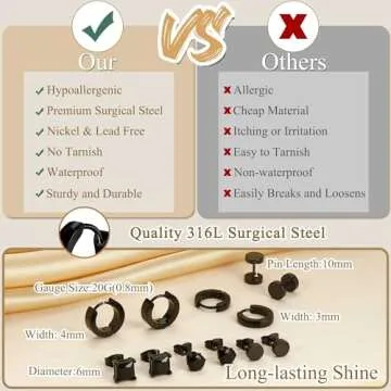 Jstyle 6 Pairs Stainless Steel CZ Stud Earrings for Men Women Black Earrings Huggie Small Hoop Earrings Ear Piercing Jewelry for Men