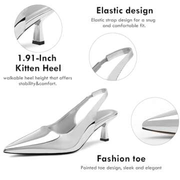 DREAMCIA Women's Pumps Slingback Heels Pointed Toe Sling Back Kitten Heels Women,Metallic Slingback Pumps,Bride Dresses Wedding Shoes Silver 6.5