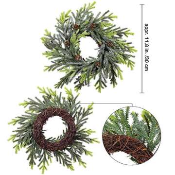 2 pcs Artificial Frosted Cedar and Pine Cone Candle Rings Christmas Candle Holder Rings Faux Cedar Twigs Wreath Mini Window Wreaths 11.8" Wide for Christmas Holiday Winter Season Decoration