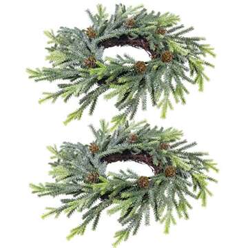 2 pcs Artificial Frosted Cedar and Pine Cone Candle Rings Christmas Candle Holder Rings Faux Cedar Twigs Wreath Mini Window Wreaths 11.8" Wide for Christmas Holiday Winter Season Decoration