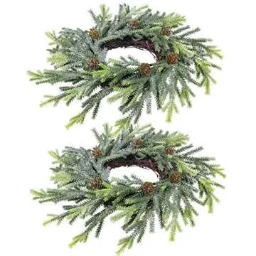 2 pcs Artificial Frosted Cedar and Pine Cone Candle Rings Christmas Candle Holder Rings Faux Cedar Twigs Wreath Mini Window Wreaths 11.8" Wide for Christmas Holiday Winter Season Decoration