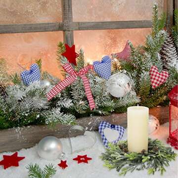 2 pcs Artificial Frosted Cedar and Pine Cone Candle Rings Christmas Candle Holder Rings Faux Cedar Twigs Wreath Mini Window Wreaths 11.8" Wide for Christmas Holiday Winter Season Decoration