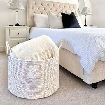 Goodpick Big Rainbow Basket 21.7 x 13.8 inches, Large Rope Basket for Nursery Living Room Bedroom, Toy Storage Basket for Clothes Towel Toy, Kids Storage Bin, 83L