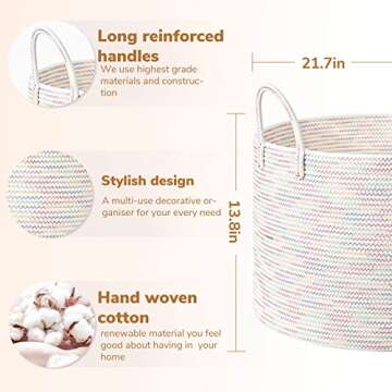 Goodpick Big Rainbow Basket 21.7 x 13.8 inches, Large Rope Basket for Nursery Living Room Bedroom, Toy Storage Basket for Clothes Towel Toy, Kids Storage Bin, 83L