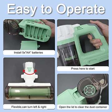 BAYMI 3-in-1 Kids Vacuum That Really Works, Toddler Toy Vacuum Cleaning Set for Children Aged 3+, Fun Kids Working Toy Vacuum Cleaner with Working Suction for Realistic Play (630Green)