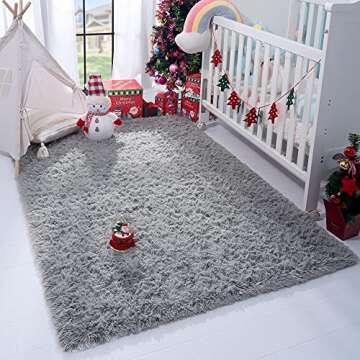 Plmmua Fluffy Shaggy Area Rug for Bedroom, Plush Fuzzy Kids Rug for Living Room, Modern Indoor Soft Home College Decor Carpet for Nursery, Dorm Room, Washable Non Slip Rug, 3 x 5 Feet, Grey