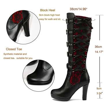 KysBloes Women Lace Goth Knee High Boots Buckle Block Heel Lace Up Knee Length Boots Punk Platform T...