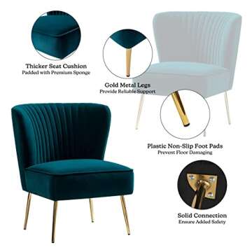 HULALA HOME Velvet Accent Chair, Modern Upholstered Cute Side Chair with Gold Metal Legs, Armless Wingback Slipper Chair Comfy Living Room Chair for Bedroom Guest Room Vanity, Teal