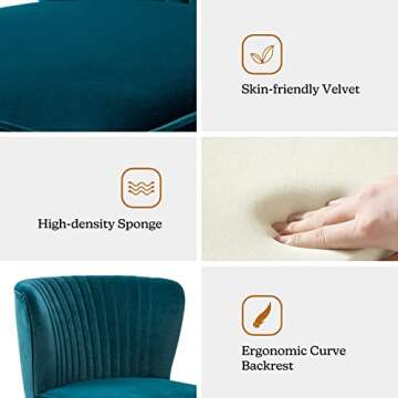 HULALA HOME Velvet Accent Chair, Modern Upholstered Cute Side Chair with Gold Metal Legs, Armless Wingback Slipper Chair Comfy Living Room Chair for Bedroom Guest Room Vanity, Teal
