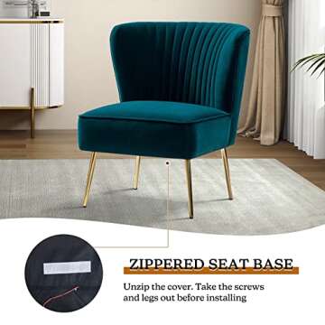 HULALA HOME Velvet Accent Chair, Modern Upholstered Cute Side Chair with Gold Metal Legs, Armless Wingback Slipper Chair Comfy Living Room Chair for Bedroom Guest Room Vanity, Teal