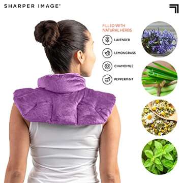 Sharper Image Heated Neck & Shoulder Wrap - Microwavable Warm & Cooling Plush Pad, Scented Aromatherapy (100% Natural Lavender & Herb Spa Blend), Pain Tension Headache Relief Therapy, Gift for Women
