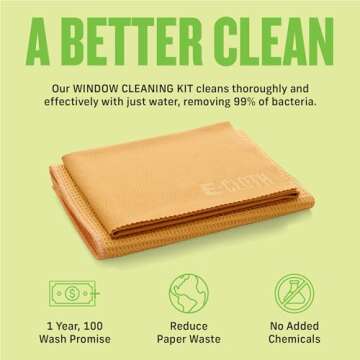 E-Cloth Window Cleaning Kit, Premium Microfiber Glass and Window Cleaner, Great for Shower Glass Doors, Indoor & Outdoor Windows and Car Windshield, Washable and Reusable, 100 Wash Guarantee, Orange