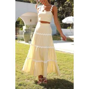 Two Piece Summer Sets for Women Sexy Flowy Maxi Skirt Set Y2k Lace Halter Crop Tank Top and Bodycon Skirt Suit Beach Outfits