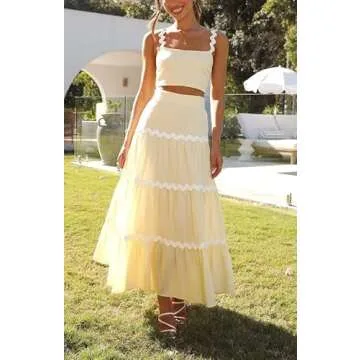 Two Piece Summer Sets for Women Sexy Flowy Maxi Skirt Set Y2k Lace Halter Crop Tank Top and Bodycon Skirt Suit Beach Outfits