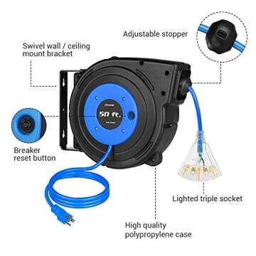 DEWENWILS 50 FT Retractable Extension Cord Reel with Safety Features