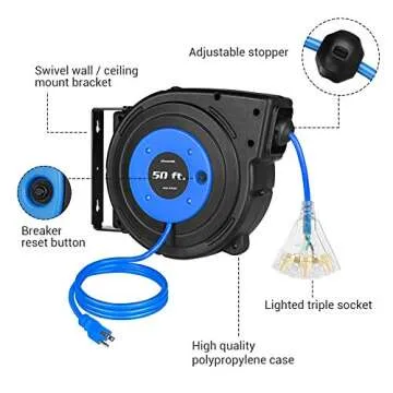 DEWENWILS 50 FT Retractable Extension Cord Reel with Safety Features