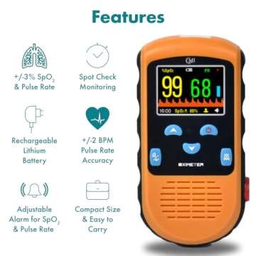 CMI Health Rechargeable Pulse Oximeter - Adult Finger Spot-Checking - Adjustable Alarm for Pulse Rate and SpO2 Levels - Carry Case, AC Adapter Included