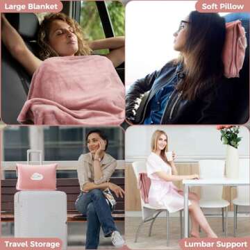 SOAGREVI Travel Blanket Pillow with Pockets, Airplane Blanket Set, Plane Blanket Compact Packable, Flight Essentials Car Pillow - Travel Essentials Gift for Women and Men on Airplanes - Pink