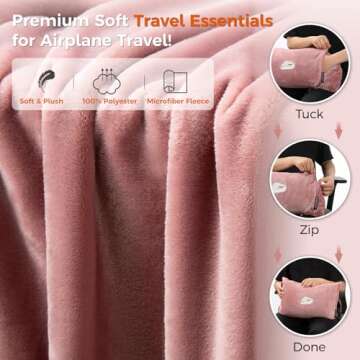 SOAGREVI Travel Blanket Pillow with Pockets, Airplane Blanket Set, Plane Blanket Compact Packable, Flight Essentials Car Pillow - Travel Essentials Gift for Women and Men on Airplanes - Pink