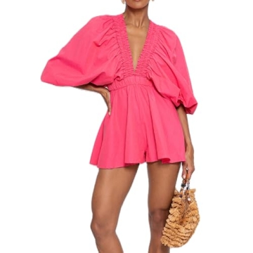 LouVasabuce Women's Summer Romper - Stylish Deep V Neck & Puff Sleeve Jumpsuit