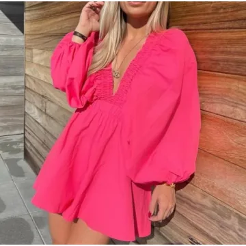 LouVasabuce Women Summer Romper Deep V Neck Puff Sleeve Jumpsuit