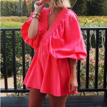 LouVasabuce Women Summer Romper Deep V Neck Puff Sleeve Jumpsuit