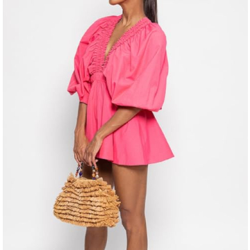 LouVasabuce Women Summer Romper Deep V Neck Puff Sleeve Jumpsuit