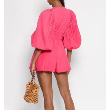 LouVasabuce Women Summer Romper Deep V Neck Puff Sleeve Jumpsuit