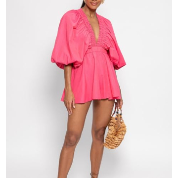 LouVasabuce Women Summer Romper Deep V Neck Puff Sleeve Jumpsuit