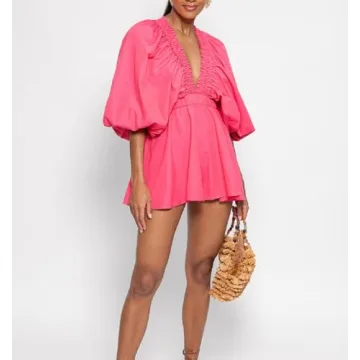 LouVasabuce Women Summer Romper Deep V Neck Puff Sleeve Jumpsuit