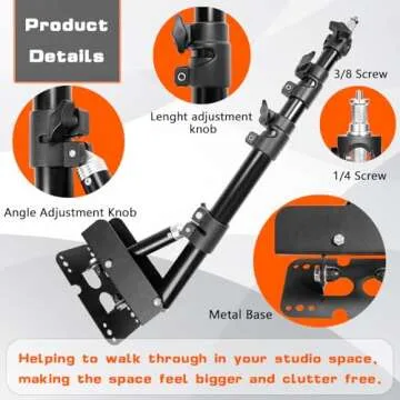 Wall Mounting Triangle Boom Arm for Ring Light, Support 180° Flexible Rotation, 21.7-45.6in Adjustable Length, Save Space, for Monolight, Softbox, Umbrella and Reflector