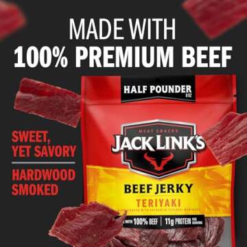 Jack Link's Beef Jerky, Teriyaki, Half Pounder Large Jerky Bag – Flavorful Meat Snack, Ready to Eat Protein Snacks with 11g of Protein, Made with 100% Beef, Keto, Paleo & Carnivore Diet Ready