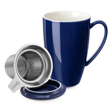 Sweese 15oz Ceramic Tea Cup with Infuser and Lid, Microwave and Dishwasher Safe, Extra-Fine Loose Le...