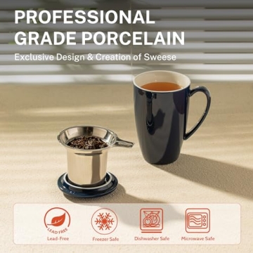 Sweese 15oz Ceramic Tea Cup with Infuser and Lid, Microwave and Dishwasher Safe, Extra-Fine Loose Leaf Tea Steeper, Comfortable Handle, Tea Set in Gift Box, Dark Blue