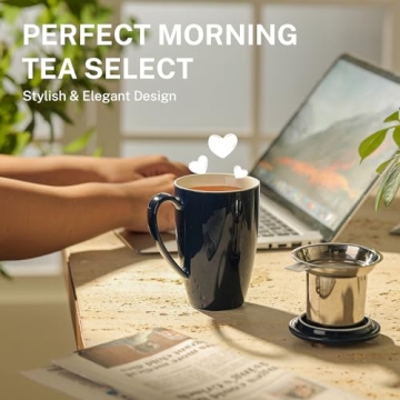 Sweese 15oz Ceramic Tea Cup with Infuser and Lid, Microwave and Dishwasher Safe, Extra-Fine Loose Leaf Tea Steeper, Comfortable Handle, Tea Set in Gift Box, Dark Blue