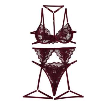 Lilosy Choker Sexy Floral Lace Scallop Sheer Underwire Push Up Garter Belt Lingerie Set for Women See Through Bra and Panty 3 Piece Burgundy Red Small