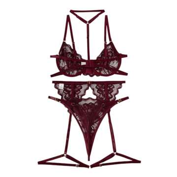 Lilosy Choker Sexy Floral Lace Scallop Sheer Underwire Push Up Garter Belt Lingerie Set for Women See Through Bra and Panty 3 Piece Burgundy Red Small
