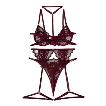 Lilosy Choker Sexy Floral Lace Scallop Sheer Underwire Push Up Garter Belt Lingerie Set for Women See Through Bra and Panty 3 Piece Burgundy Red Small