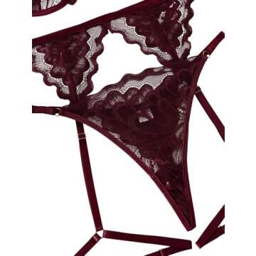 Lilosy Choker Sexy Floral Lace Scallop Sheer Underwire Push Up Garter Belt Lingerie Set for Women See Through Bra and Panty 3 Piece Burgundy Red Small