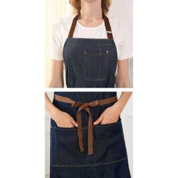 YukaBa Blue Adjustable Denim Jean Kitchen apron with 5 Pockets for Women Men Optimized upgrade(Denim) (Set of 1)