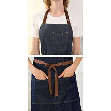 YukaBa Blue Adjustable Denim Jean Kitchen apron with 5 Pockets for Women Men Optimized upgrade(Denim) (Set of 1)